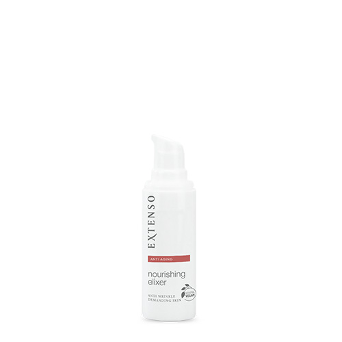 Wit flacon van het Extenso anti aging nourishing elixer met een geopende pompdispenser