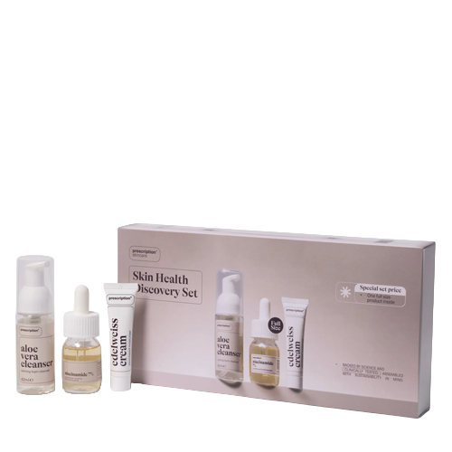 Prescription Skin Health Discovery Set met verpakking aloe vera cleanser niacinamide serum en edelweiss cream