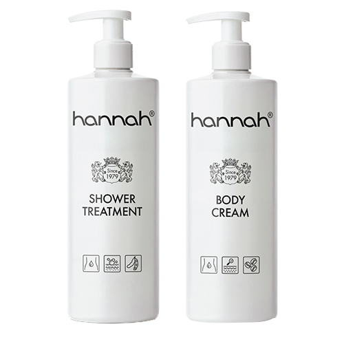 Studiofoto van de witte flacon van de hannah Shower treatment en hannah Body Cream 500ml op witte achtergrond