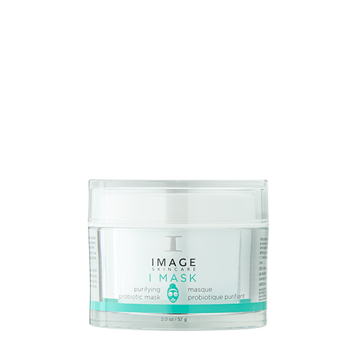 Een gesloten glazen pot van het IMAGE Skincare I MASK Purifying Probiotic Mask met een witte dop.