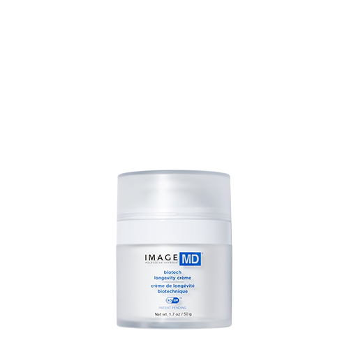 Een vooraanzicht van de IMAGE Skincare MD Biotech Longevity Crème in een luxe witte pot van 50 gram met blauwe accenten en een matte dop.