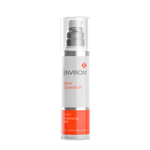 Een vrijstaande flacon van de Environ Skin EssentiA Low Foam Cleansing Gel met een transparante dop tegen een witte achtergrond.