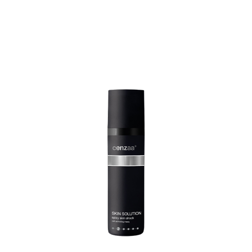 Een zwarte flacon van Cenzaa Spicy Skin Shock huidverzorging van 50ml tegen een witte achtergrond.