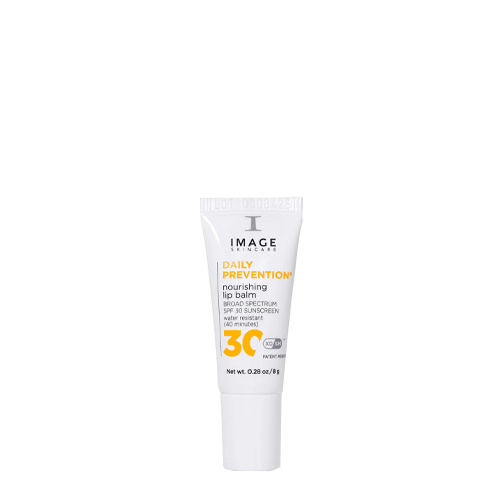 Een staande witte tube van de IMAGE Skincare Daily Prevention Nourishing Lip Balm met SPF 30 breedband zonbescherming.