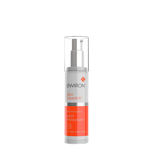 Een vrijstaande flacon van de Environ Skin EssentiA Vita-Antioxidant AVST Moisturiser 1 met een transparante dop. De afbeelding heeft een witte achtergrond