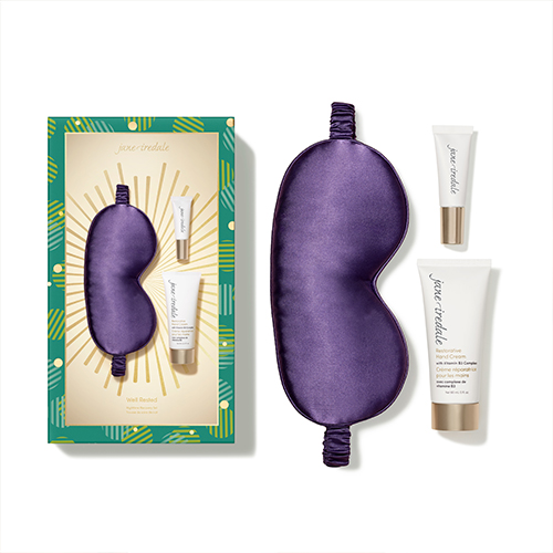 Jane Iredale Well Rested cadeauset met de verpakking, een paars slaapmasker en twee verzorgingscrèmes