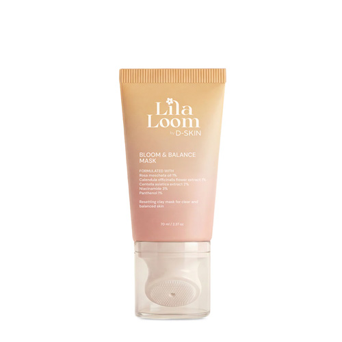 Een tube Lila Loom Bloom & Balance Masker met een ingebouwde siliconen borstelapplicator. Bevat 3% Niacinamide en 2% Centella asiatica voor een zuivere huid.
