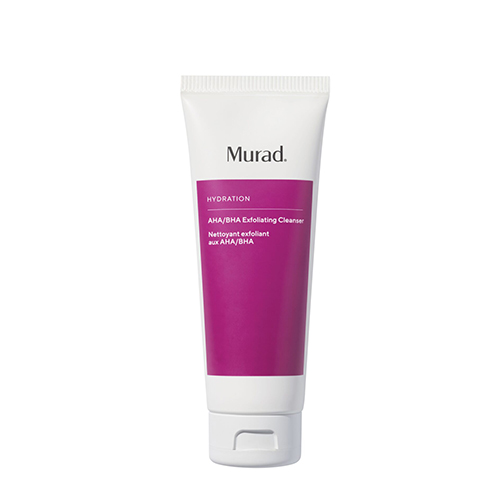 Roze tube Murad Hydration AHA BHA Exfoliating Cleanser op een witte achtergrond