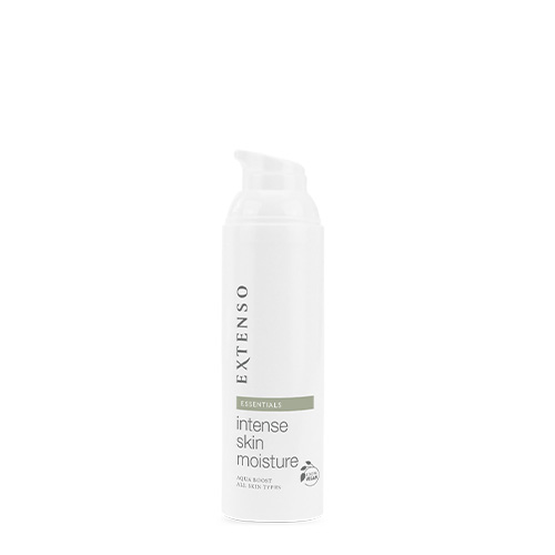 Vrijstaande productfoto van de geopende flacon Extenso Intense Skin Moisture (75ml) met zichtbare doseerpomp op een witte achtergrond.