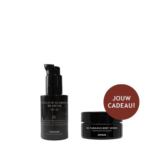 Flacon van de Cenzaa Touch of Glamour BB Cream SPF 20 in de kleur Caramel Dream, gecombineerd met een gratis Be Fabulous Body Scrub.