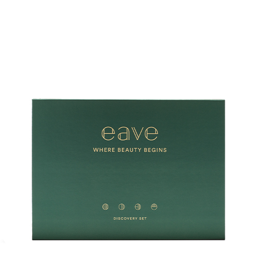 De gesloten donkergroene luxe geschenkdoos van de EAVE Discovery Set met goudkleurige belettering en de tekst "Where beauty begins".