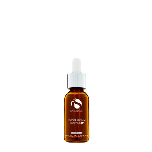 Een amberkleurige fles van iS Clinical Super Serum Advance+ met een zilveren dop en witte pipet, 30ml.