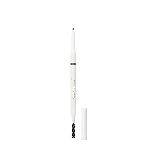 Geopend dubbelzijdig Jane Iredale PureBrow Precision Pencil in Medium Brown met ultra-fijne punt en spoolie-borsteltje.