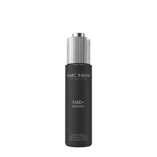Zwart flesje van Marc Inbane NAD+ Booster 30ml met zilveren dop en witte producttekst tegen een witte achtergrond