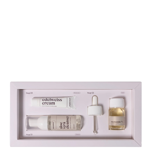 Binnenzijde van de Prescription Skin Health Discovery Set met aloe vera cleanser edelweiss cream en niacinamide serum