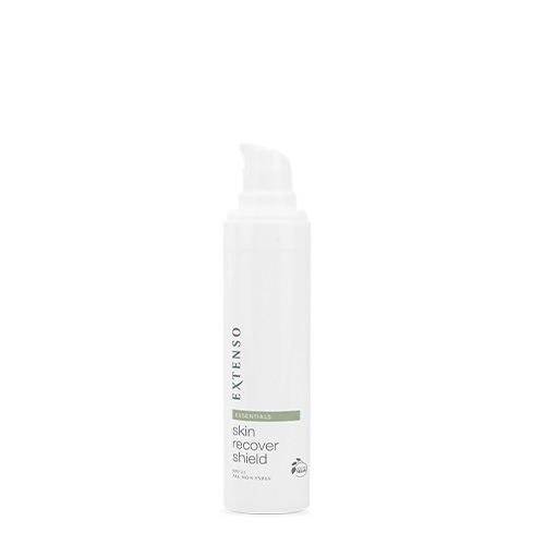 Een witte fles Extenso Skin Recover Shield zonder dop, gefotografeerd tegen een witte achtergrond.