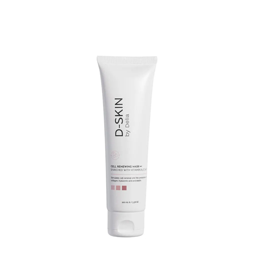 Een witte tube van het merk D-SKIN met de naam Cell Renewing Mask en een inhoud van 100ml, staand tegen een witte achtergrond.