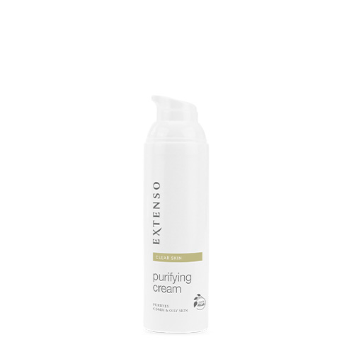 Witte flacon Extenso Purifying Cream met open pompdop tegen een witte achtergrond.
