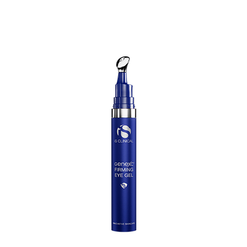 De geopende blauwe flacon van iS Clinical Genexc Firming Eye Gel met de focus op de zilveren metalen applicator roller