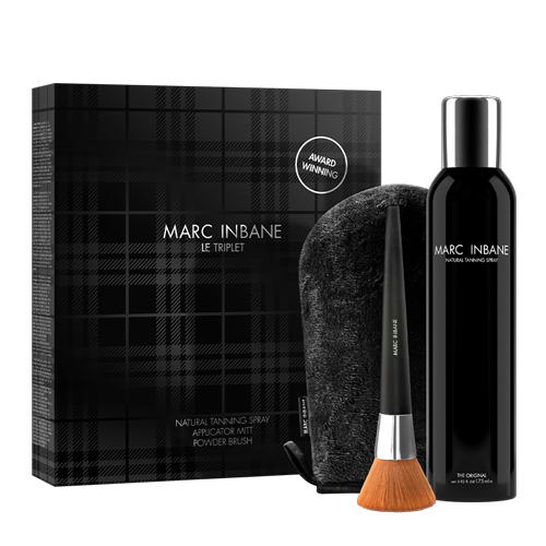 Marc Inbane Le Triplet Black geschenkset bestaande uit de natural tanning spray een applicator mitt en een grote powder brush