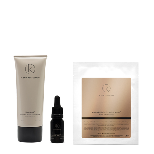 IK Skin Perfection verzorgingsset met Hyamax moisturizer Bronzing Glow Water en Microbiotic Cellulose Mask op een witte achtergrond