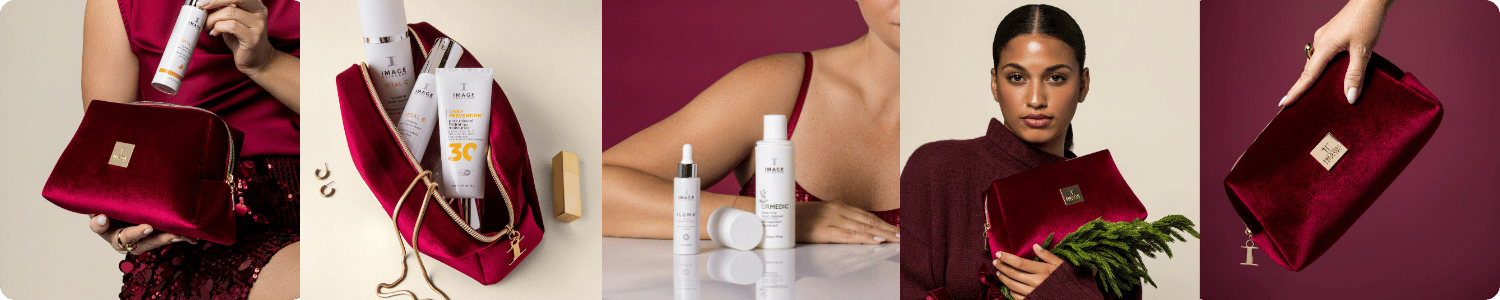 Luxe IMAGE Skincare kerstsets in rode velvet toilettassen met diverse verzorgingsproducten en serums