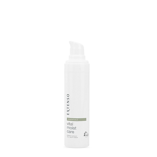 Een fles Extenso vital moist care van 50ml met een zichtbare pomp op een witte achtergrond