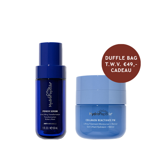 Productfoto van HydroPeptide Power Serum en Collagen Reactivate PM moisturizer met een bruine actiesticker die een gratis duffle bag ter waarde van €49,- aankondigt.