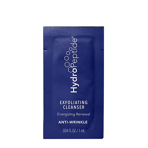 Een donkerblauwe sachet verpakking van Hydropeptide Exfoliating Cleanser Anti Wrinkle met een inhoud van 1 ml