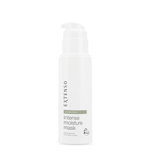 Vrijstaande productfoto van de geopende flacon Extenso Intense Moisture Mask (150ml) met zichtbare doseerpomp op een witte achtergrond.