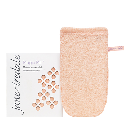 Jane Iredale Magic Mitt reinigingshandschoen naast de witte doos verpakking.