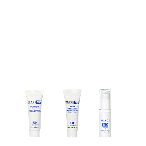 Drie IMAGE MD miniaturen naast elkaar: de Barrier Repair Recovery Balm, de Biotech Longevity Crème en het Restoring Power-C Serum.