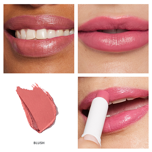 Vierdelige collage met lippen in diverse huidtinten, textuurveeg en applicatie van de lipstick in Blush