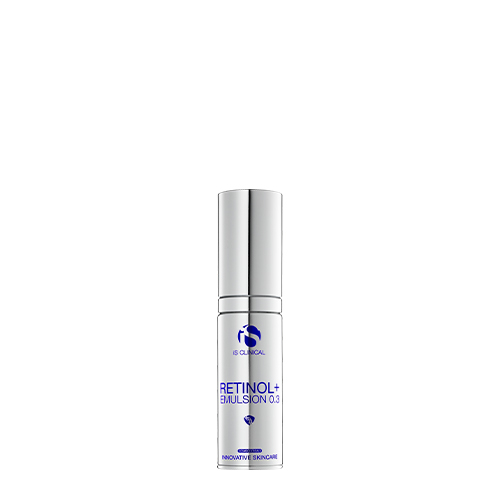 Witte flacon met pompje van iS Clinical Retinol Emulsion 0.3 anti-aging gezichtscrème 30ml