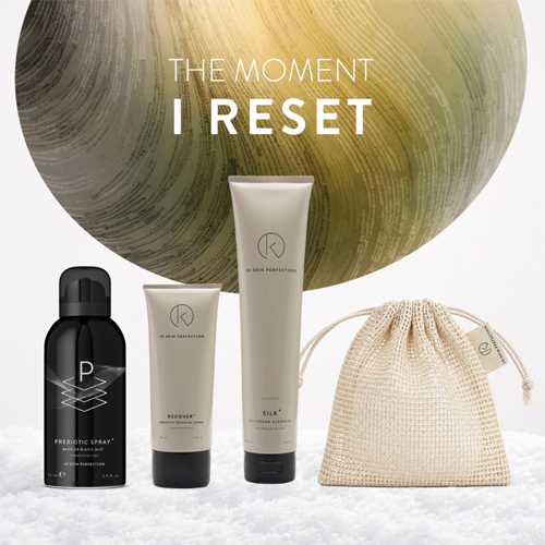 IK Skin Perfection The Moment I Reset set met Prebiotic Spray Recover crème Silk cleanser en een katoenen opbergzakje