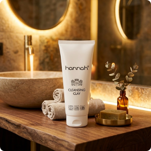 Een witte tube hannah Cleansing Clay staand op een houten blad in een warm verlichte badkamer met sfeervolle verlichting en accessoires.