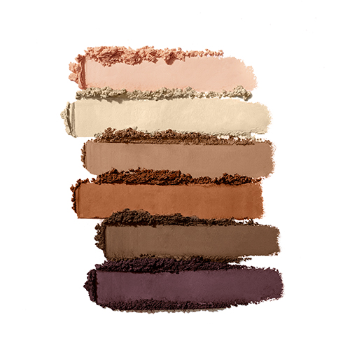 Textuurswooshes van de zes neutrale oogschaduwkleuren uit het Jane Iredale PureBasics palet.