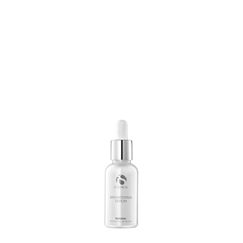 Een witte fles van iS Clinical Brightening Serum met een zilveren dop en witte pipet, 15ml.
