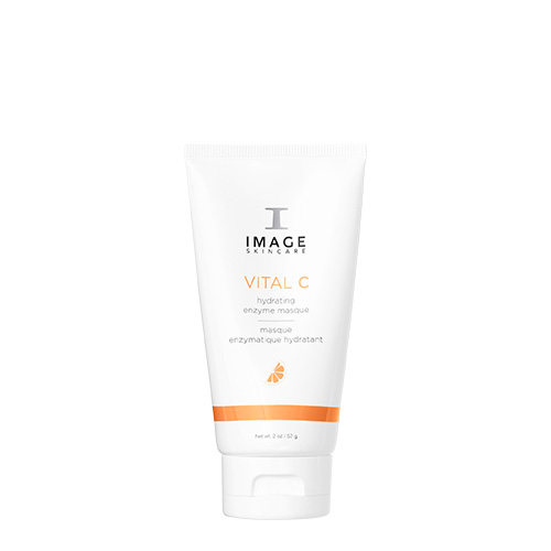 Een witte tube van IMAGE Skincare VITAL C hydrating enzyme masque met oranje accenten tegen een witte achtergrond.