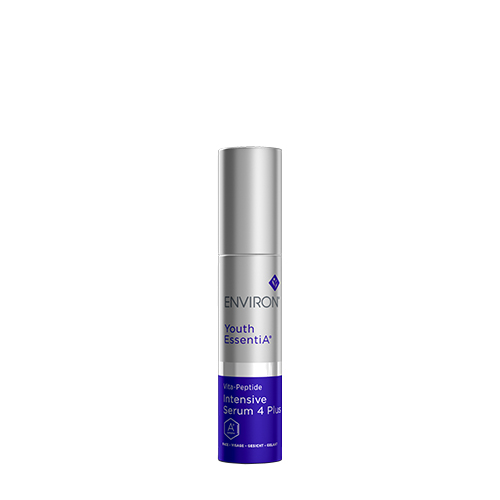 Een vrijstaande zilveren flacon van het Environ Youth EssentiA Vita-Peptide Intensive Serum 4 Plus met een donkerblauw label aan de onderzijde