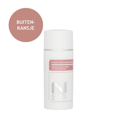 Een witte flacon van de Nouvital Decolleté Rejuvenating Cream tegen een witte achtergrond, met linksboven een oudroze cirkel waarin 'Buitenkansje' staat.