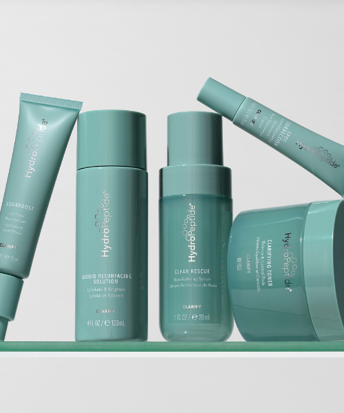 Hydropeptide clarify productlijn met mintgroene zuiverende skincare flacons en tubes