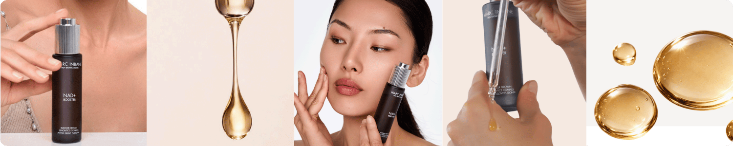 Een brede sfeerbanner bestaande uit verschillende deelafbeeldingen van het Marc Inbane serum met druppels en een model.