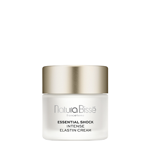 Een potje Natura Bissé Essential Shock Intense Elastin Cream van 75ml met een gouden dop tegen een witte achtergrond.