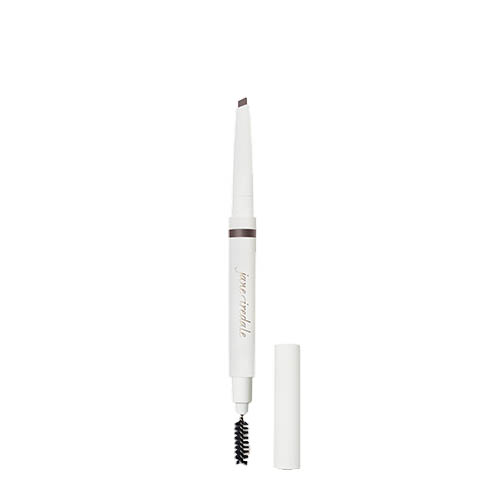 Dubbelzijdig Jane Iredale PureBrow Shaping Pencil in Medium Brown met geopende schuine stift en spoolie-borsteltje op een witte achtergrond.