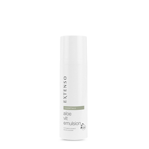 Witte flacon Extenso Aloë Vit Emulsion (75ml) tegen een witte achtergrond.