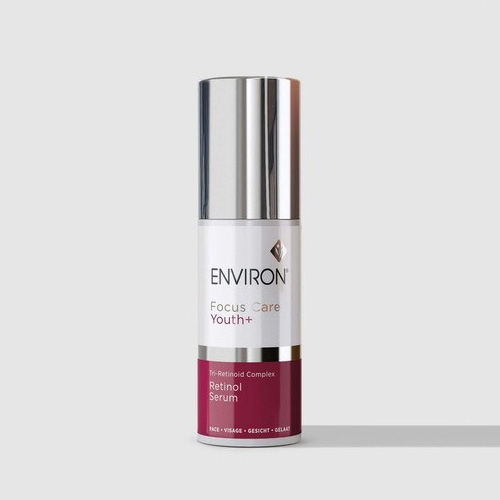 Productfoto van een flacon Environ Focus Care Youth+ Retinol Serum op een egale achtergrond.