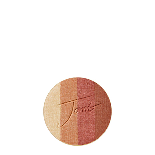 Een ronde refill verpakking van de Jane Iredale PureBronze Shimmer Bronzer in de kleur Copper, voorzien van vier glanzende banen in warme koper- en terracotta tinten.