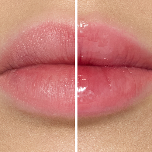 Voor en na vergelijking op lippen van de Jane Iredale Just Kissed PH Lip Oil Blooming Pink