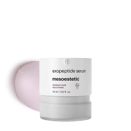 Flacon van Mesoestetic exopeptide serum met druppel lichte serum textuur ernaast